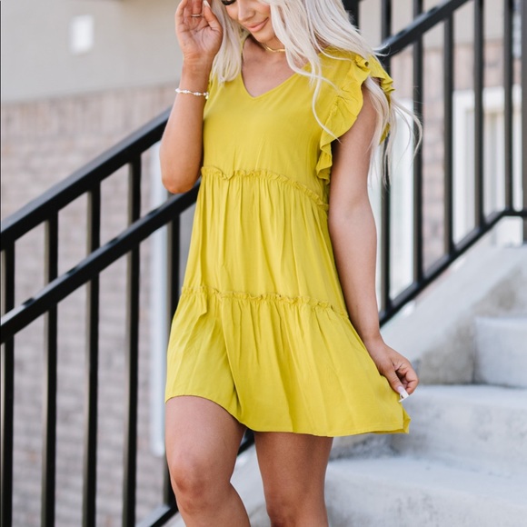 Zenana Call Me Later Tiered Mini Dress In Golden Wasabi - Picture 4 of 5